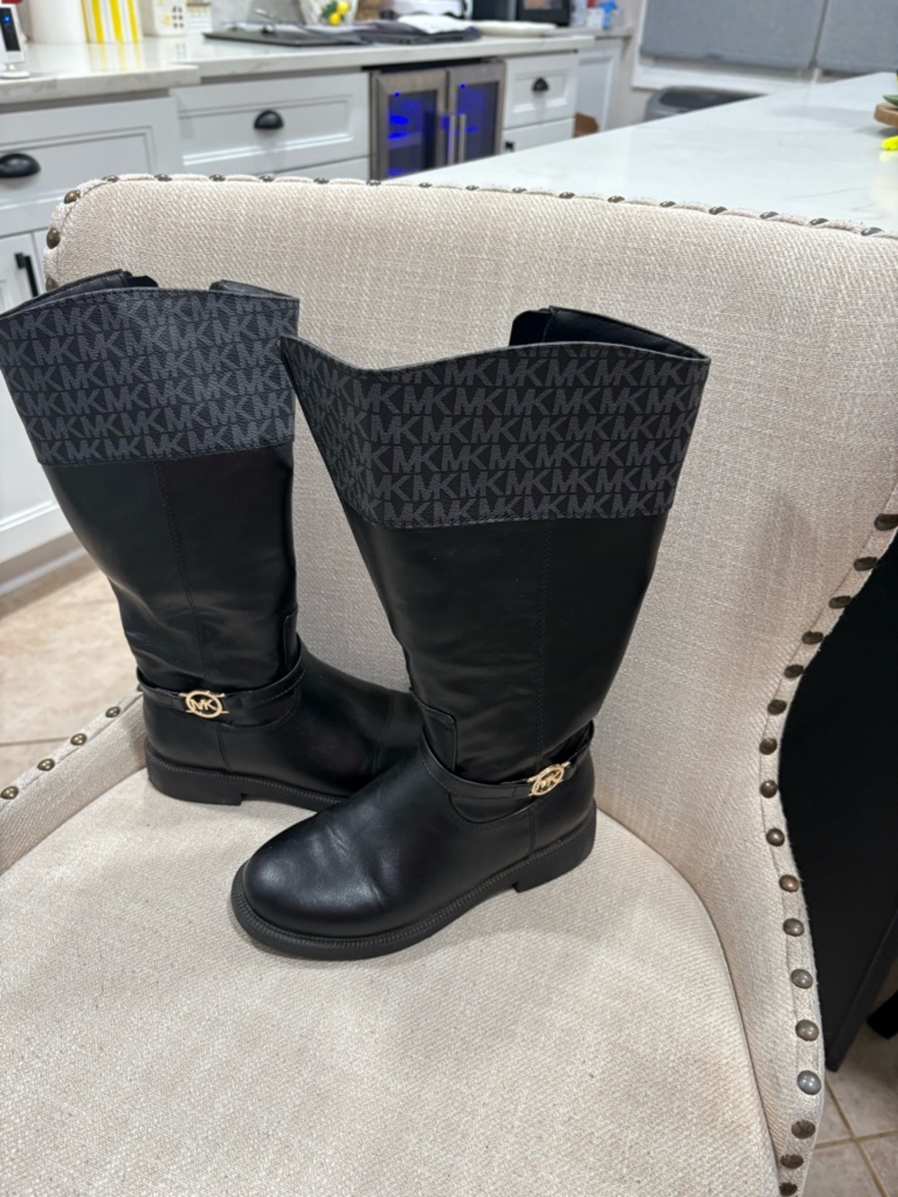 Michael Kors Black Leather Logo-Trim Knee-High Boots